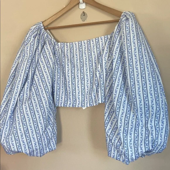 CAROLINE CONSTAS Carter Off The Shoulder Printed Cotton Blend Poplin Top Medium - Picture 6 of 11